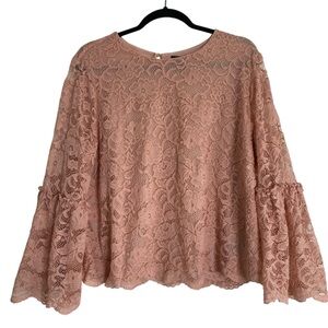 Worthington Lace Blouse XL Pink Bell Sleeve Sheer Floral Top Work Dressy